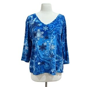 Collections Etc Blue Snowflake Sequins Top Size XL